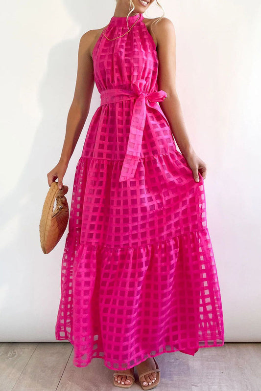 Vestidos bohemios universitarios de cuadros con frenillo transparente y corte A con cuello halter