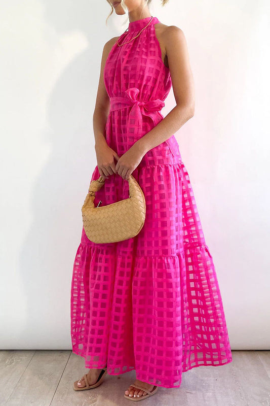Vestidos bohemios universitarios de cuadros con frenillo transparente y corte A con cuello halter