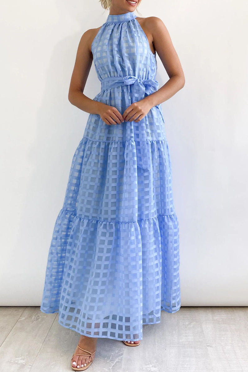 Vestidos bohemios universitarios de cuadros con frenillo transparente y corte A con cuello halter