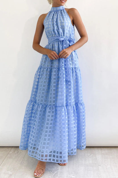 Vestidos bohemios universitarios de cuadros con frenillo transparente y corte A con cuello halter