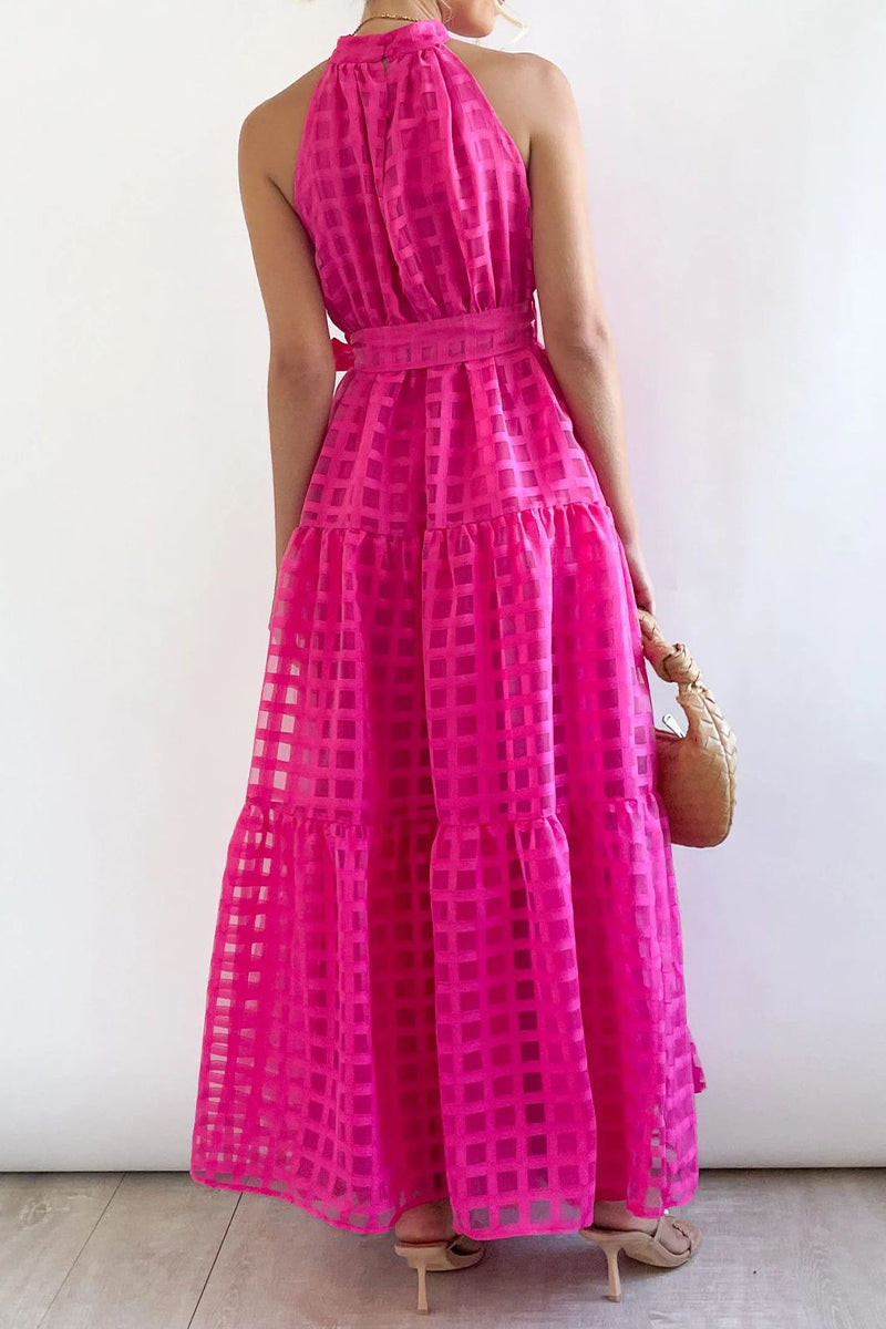 Vestidos bohemios universitarios de cuadros con frenillo transparente y corte A con cuello halter