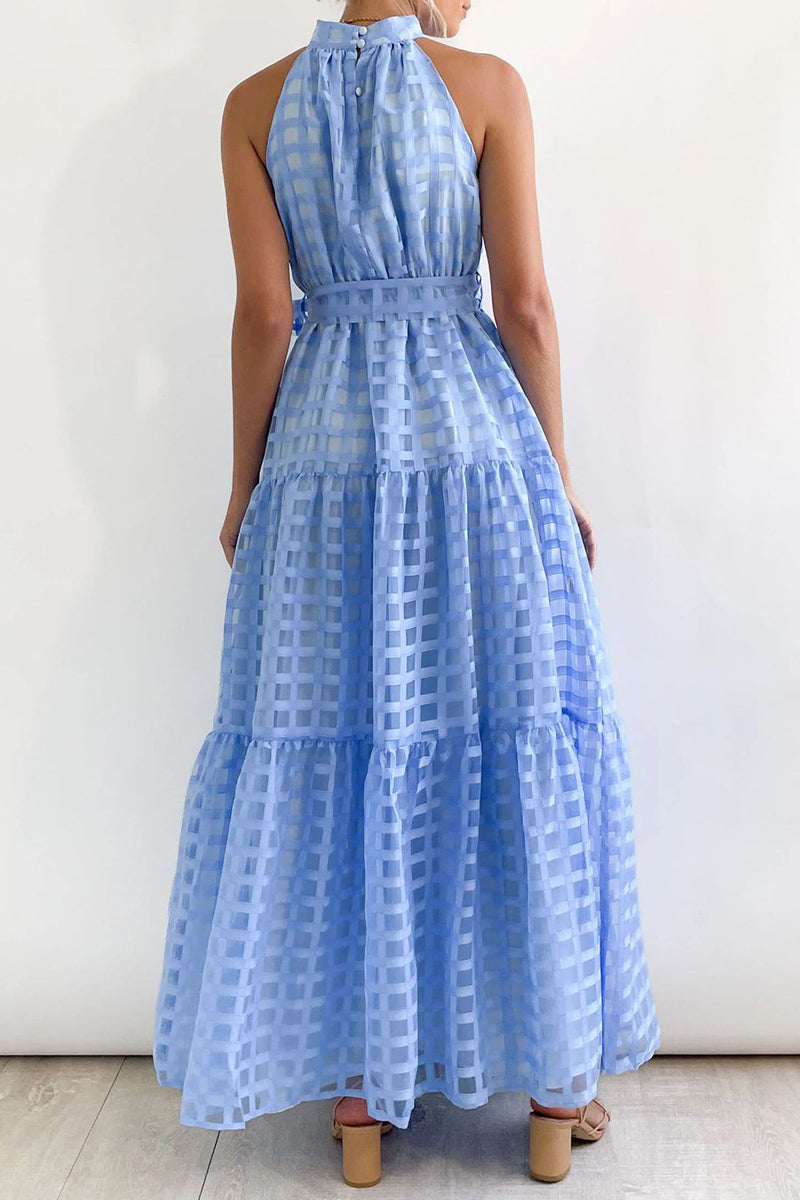 Vestidos bohemios universitarios de cuadros con frenillo transparente y corte A con cuello halter
