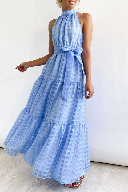 Vestidos bohemios universitarios de cuadros con frenillo transparente y corte A con cuello halter