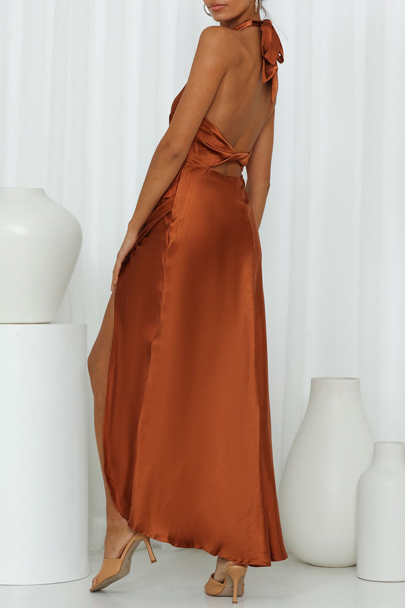 Vestido elegante de celebridades, liso, con abertura en el frenillo, halter y sin mangas (5 colores)