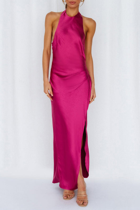 Vestido elegante de celebridades, liso, con abertura en el frenillo, halter y sin mangas (5 colores)