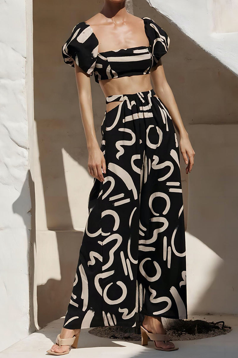 Conjunto universitario sexy de dos piezas con hombros descubiertos, manga corta y diseño geométrico ahuecado