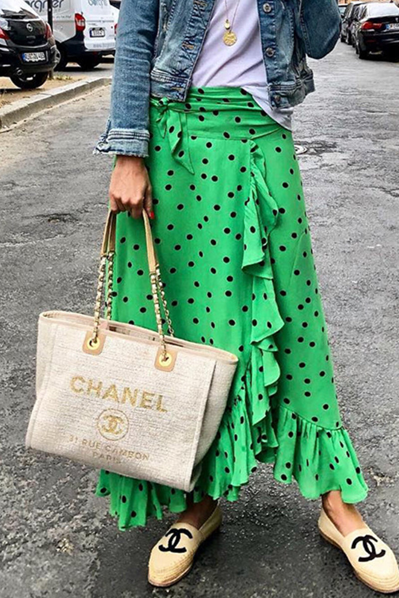 Elegante pantalón tipo A de cintura alta con volantes y estampado de vacaciones