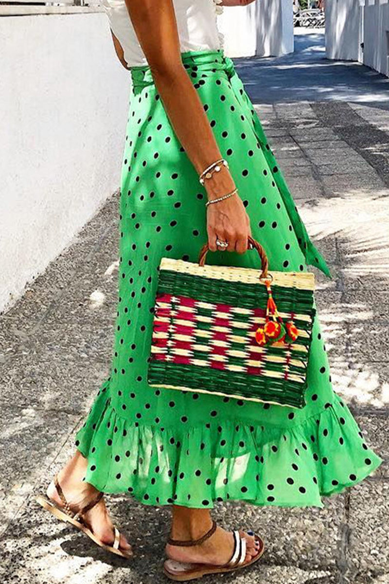 Elegante pantalón tipo A de cintura alta con volantes y estampado de vacaciones