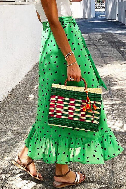 Elegante pantalón tipo A de cintura alta con volantes y estampado de vacaciones