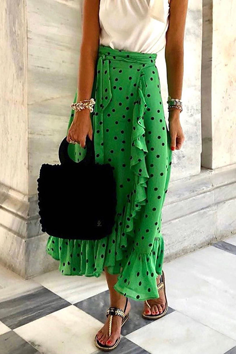 Elegante pantalón tipo A de cintura alta con volantes y estampado de vacaciones