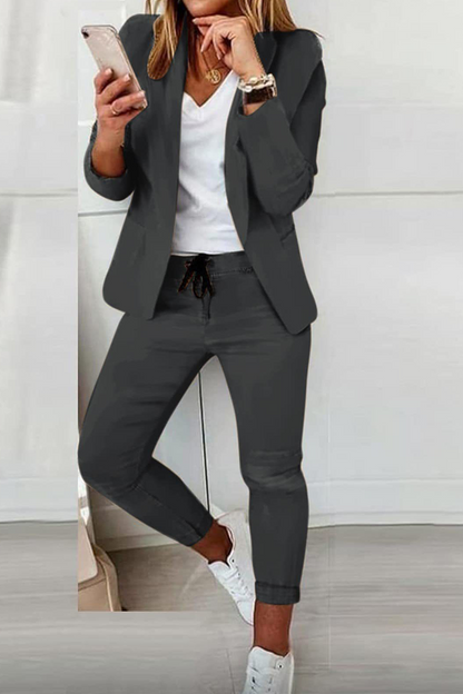 Casual Solid Turndown Collar Long Sleeve Two Pieces(10 colors)