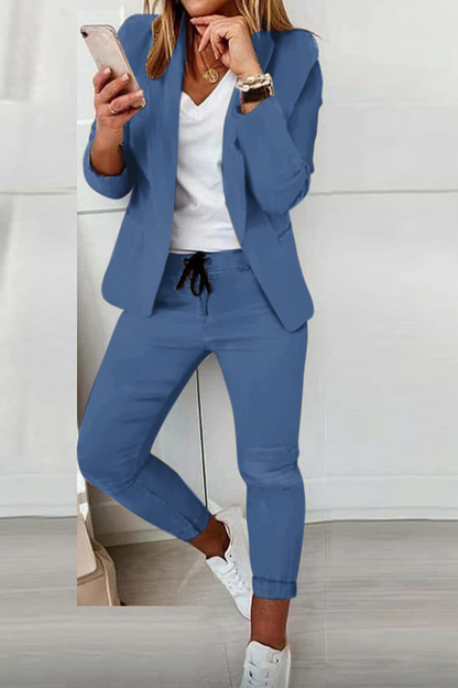 Casual Solid Turndown Collar Long Sleeve Two Pieces(10 colors)