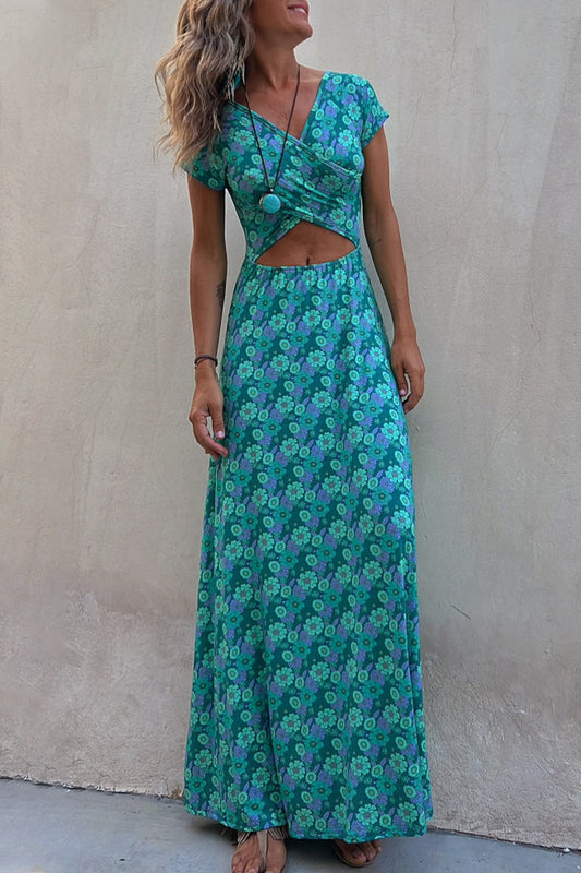 Vestido informal elegante con estampado de patchwork, cuello en V, corte A y manga corta