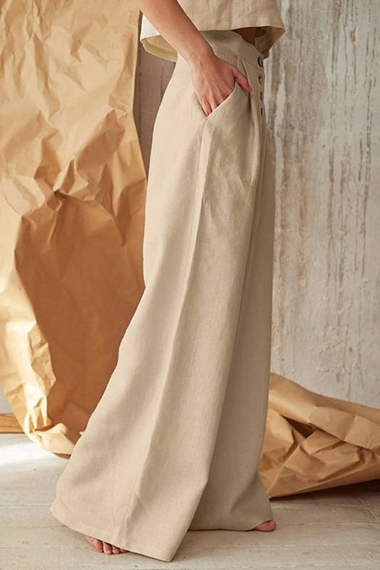 Pantalones casuales de estilo británico con botones sólidos, sueltos, de cintura alta y pierna ancha, de color liso