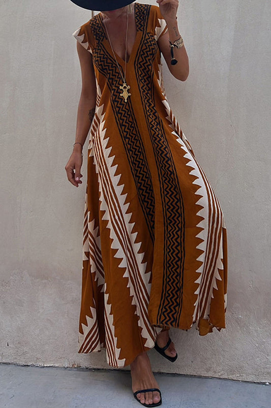 Vestidos casuales universitarios con estampado geométrico, cuello en V y pliegues, corte A