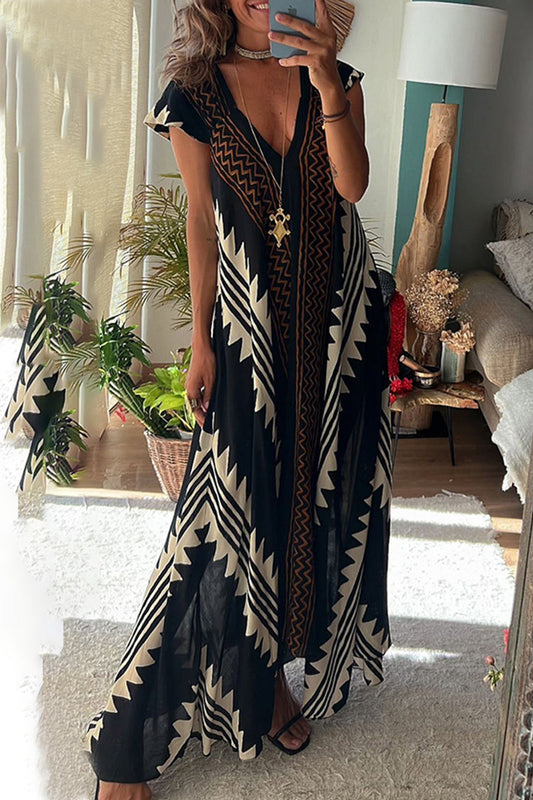 Vestidos casuales universitarios con estampado geométrico, cuello en V y pliegues, corte A