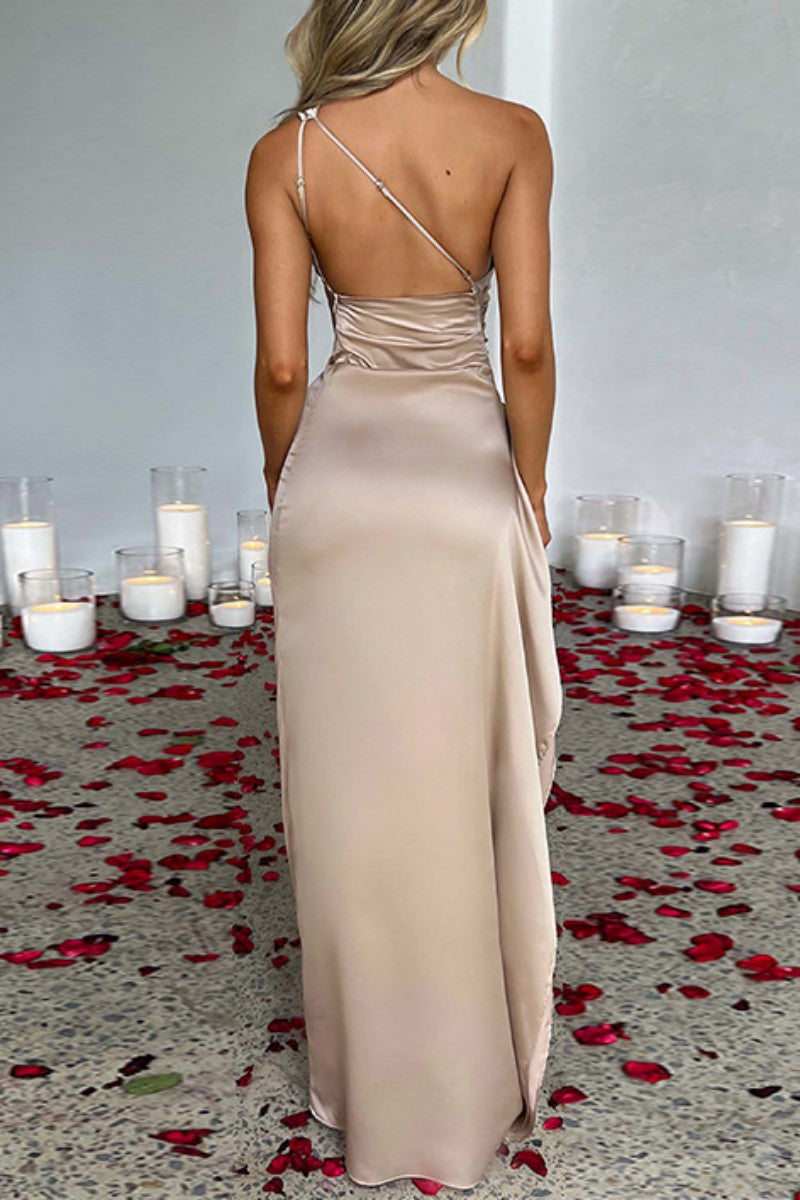 Vestido de noche sexy formal liso sin espalda con abertura y cuello oblicuo