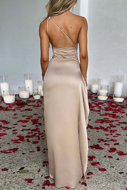Vestido de noche sexy formal liso sin espalda con abertura y cuello oblicuo