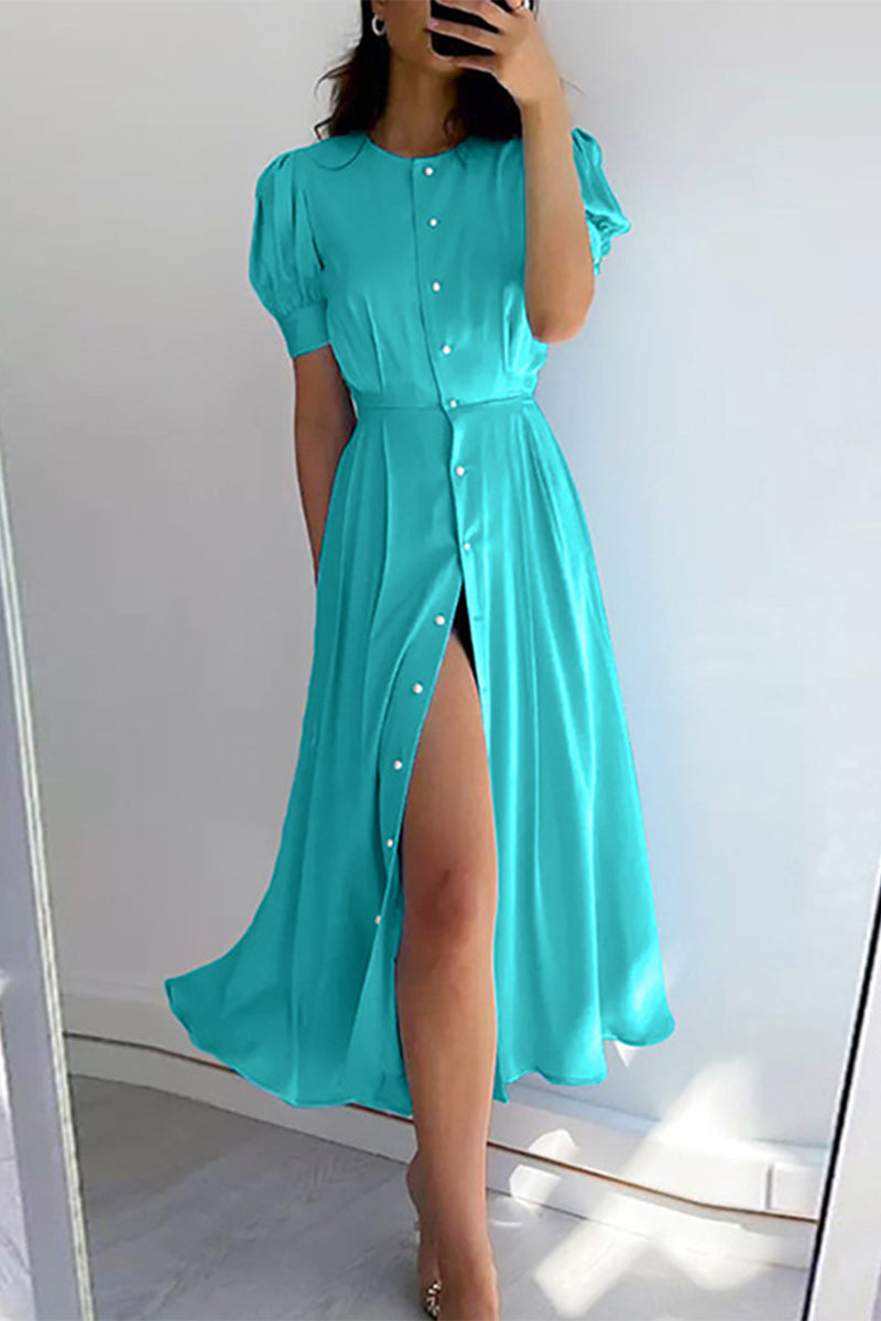 Vestidos elegantes de celebridades con hebilla sólida y cuello redondo (4 colores)