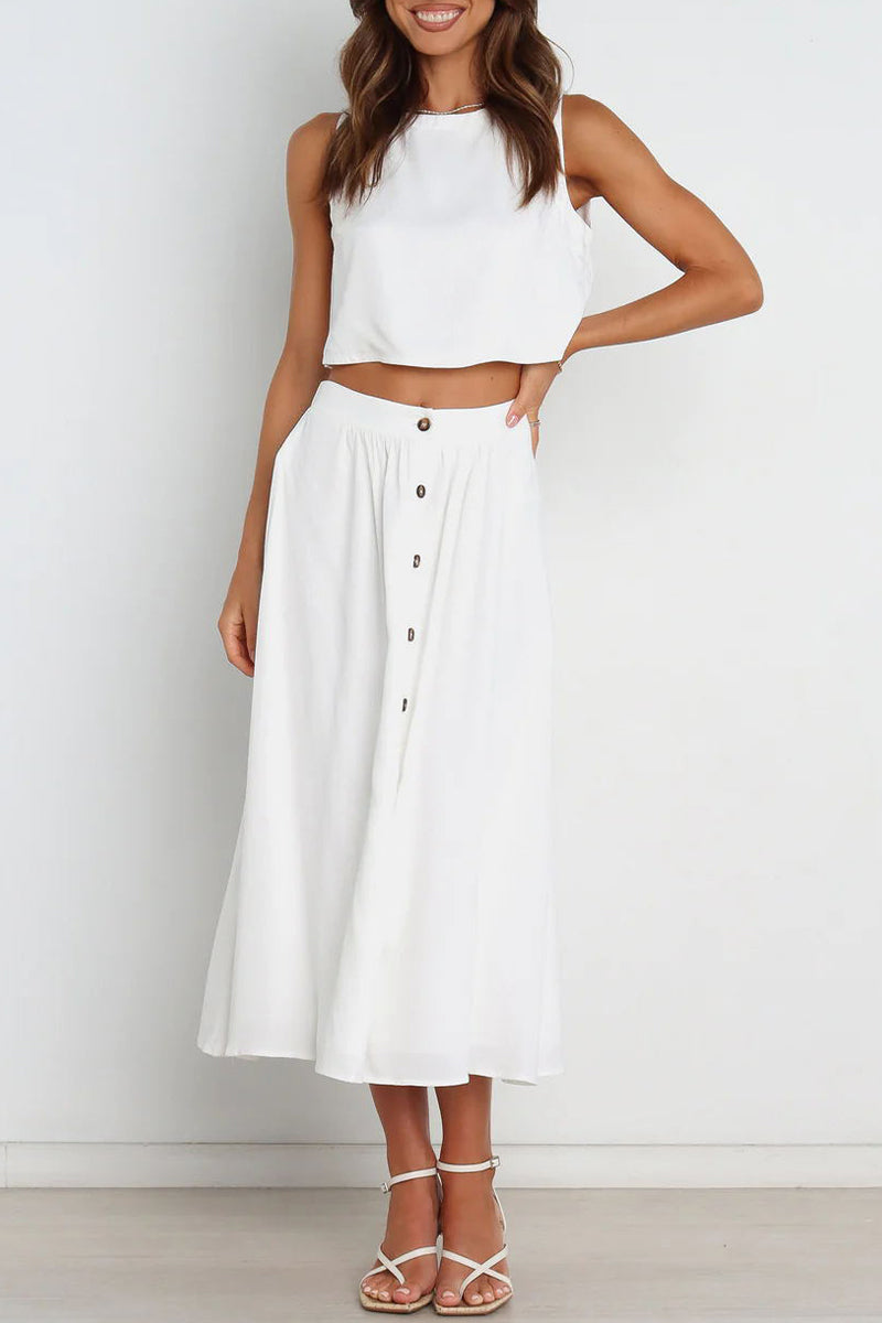 Conjunto informal de dos piezas, liso, cuello redondo, sin mangas, para uso diario