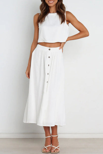 Conjunto informal de dos piezas, liso, cuello redondo, sin mangas, para uso diario