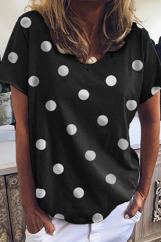 Camisetas universitarias informales con cuello en V y estampado de lunares