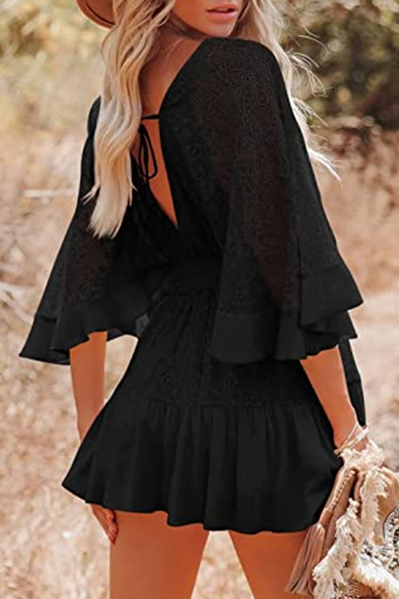 Vestido informal de encaje con cuello en V y patchwork liso