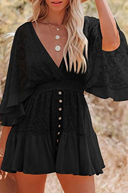 Vestido informal de encaje con cuello en V y patchwork liso