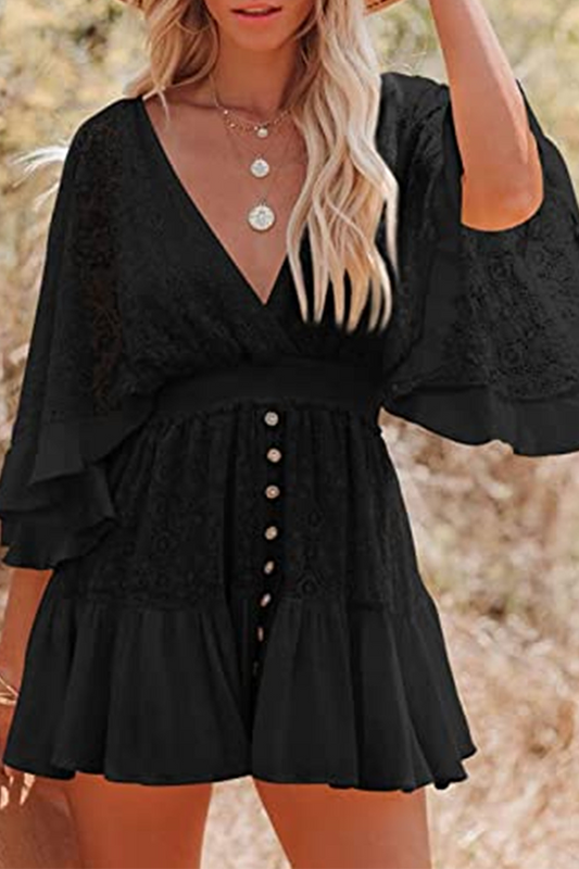 Vestido informal de encaje con cuello en V y patchwork liso