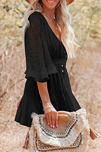 Vestido informal de encaje con cuello en V y patchwork liso
