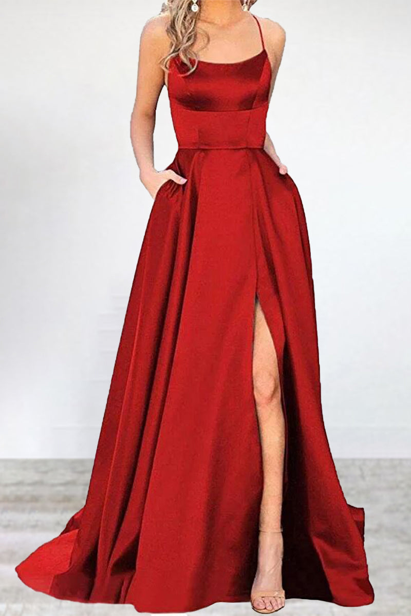 Vestido de noche sexy, formal, liso, con abertura alta y escote en U (16 colores)