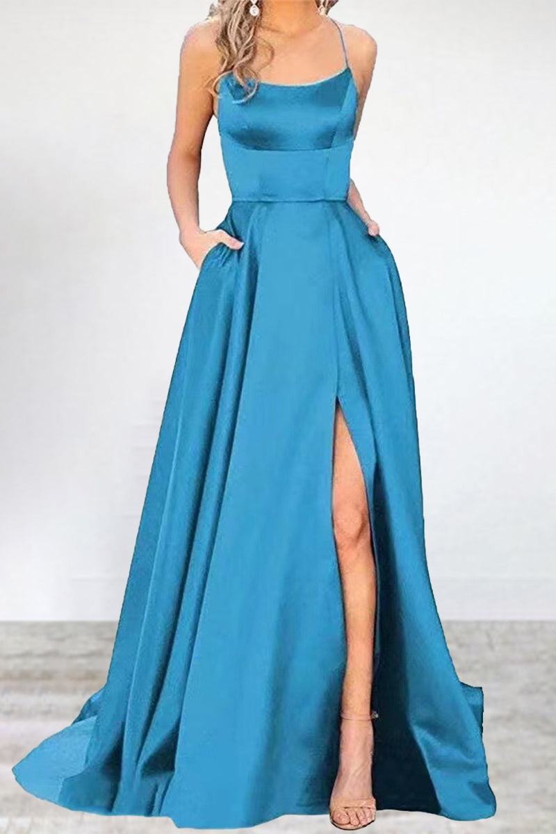 Vestido de noche sexy, formal, liso, con abertura alta y escote en U (16 colores)
