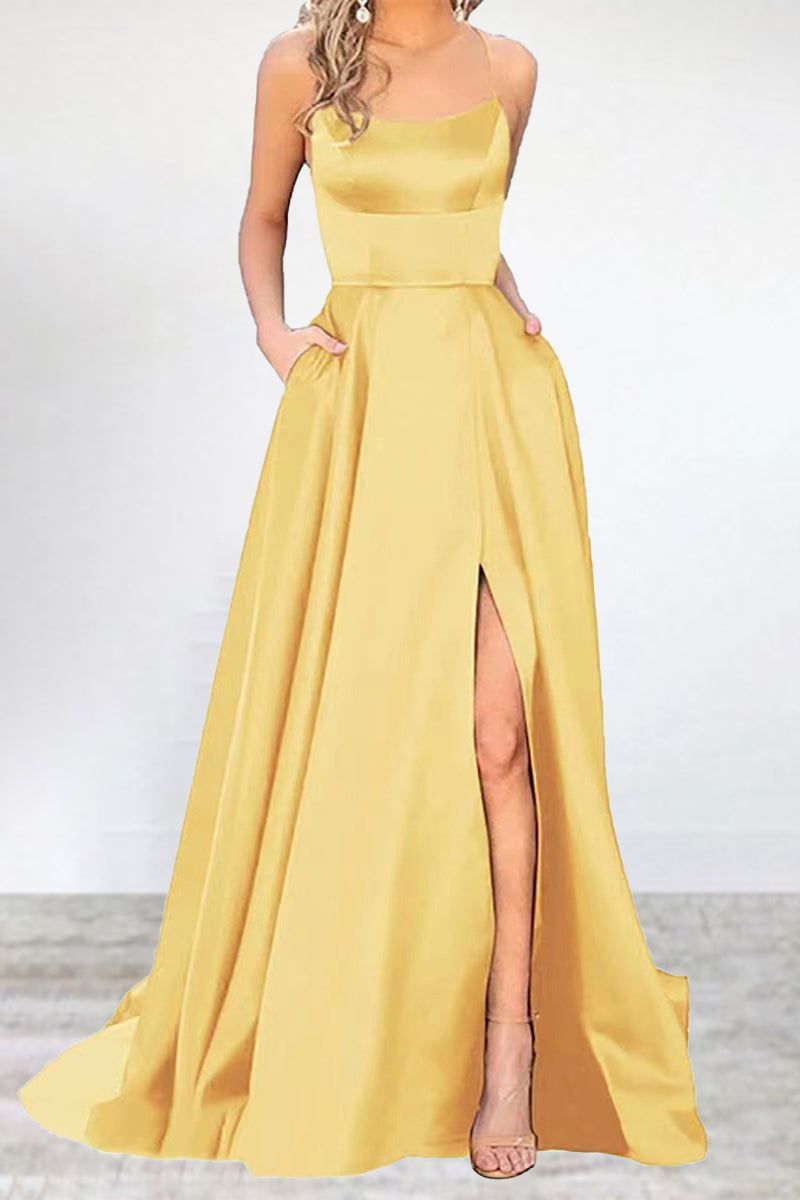 Vestido de noche sexy, formal, liso, con abertura alta y escote en U (16 colores)