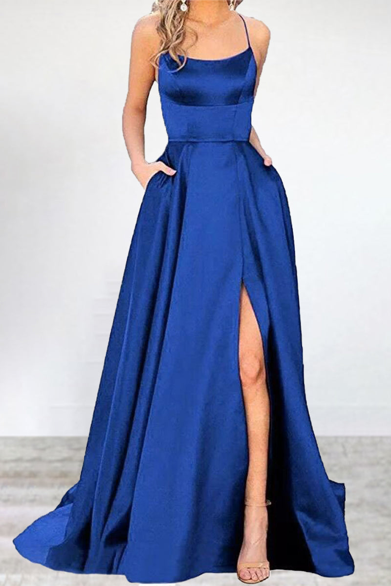 Vestido de noche sexy, formal, liso, con abertura alta y escote en U (16 colores)