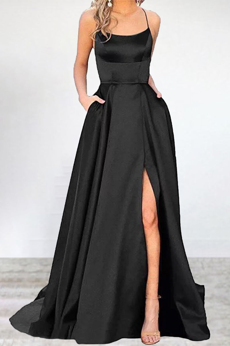 Vestido de noche sexy, formal, liso, con abertura alta y escote en U (16 colores)