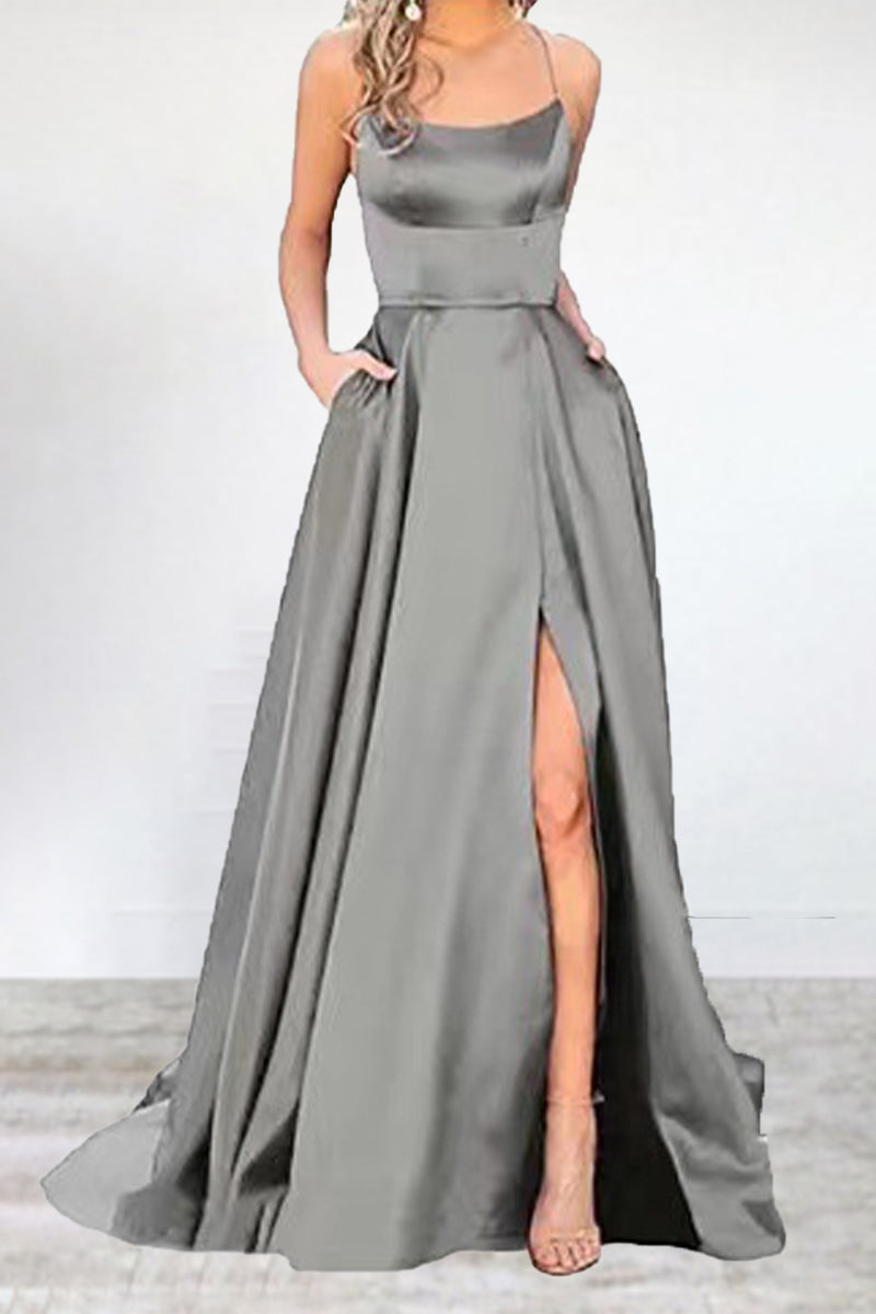 Vestido de noche sexy, formal, liso, con abertura alta y escote en U (16 colores)