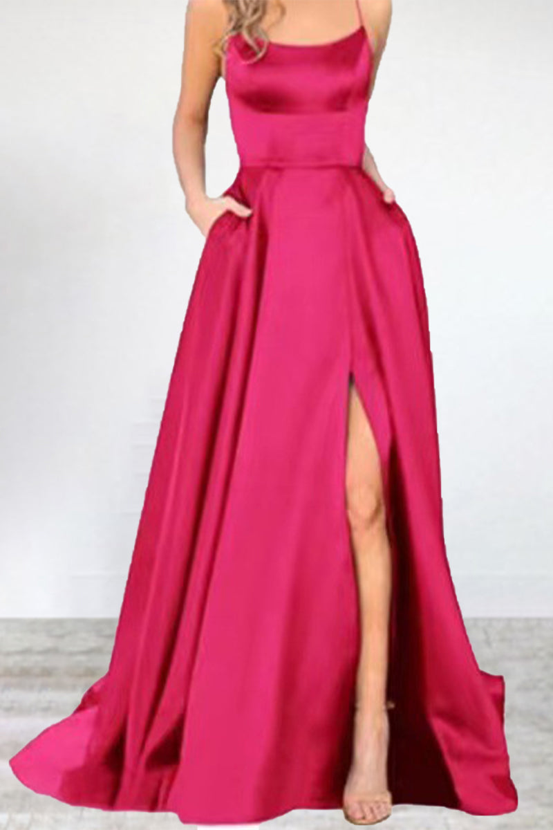 Vestido de noche sexy, formal, liso, con abertura alta y escote en U (16 colores)