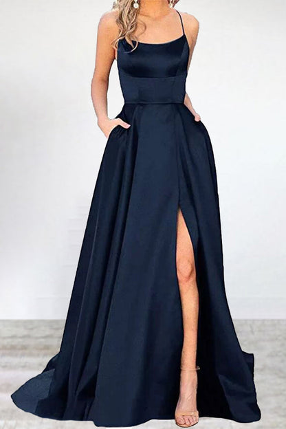 Vestido de noche sexy, formal, liso, con abertura alta y escote en U (16 colores)