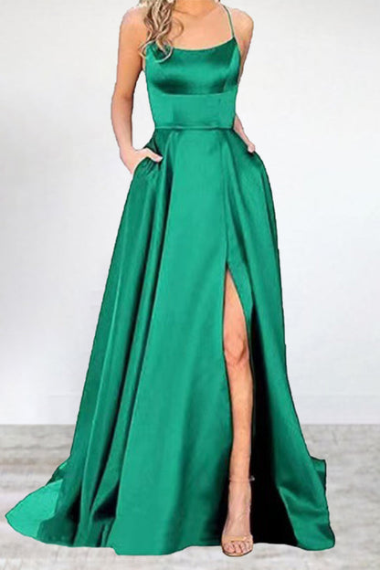 Vestido de noche sexy, formal, liso, con abertura alta y escote en U (16 colores)