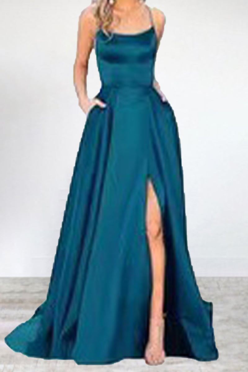 Vestido de noche sexy, formal, liso, con abertura alta y escote en U (16 colores)