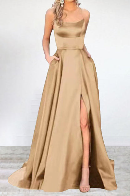 Vestido de noche sexy, formal, liso, con abertura alta y escote en U (16 colores)
