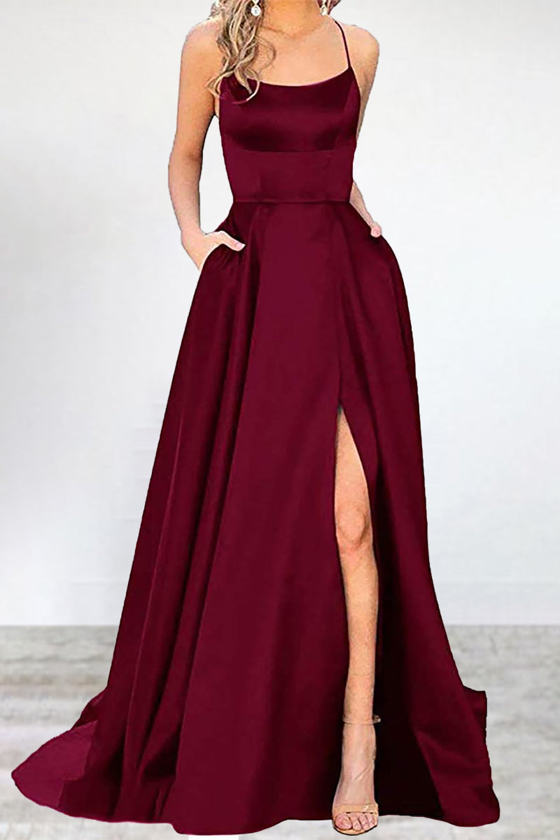 Vestido de noche sexy, formal, liso, con abertura alta y escote en U (16 colores)