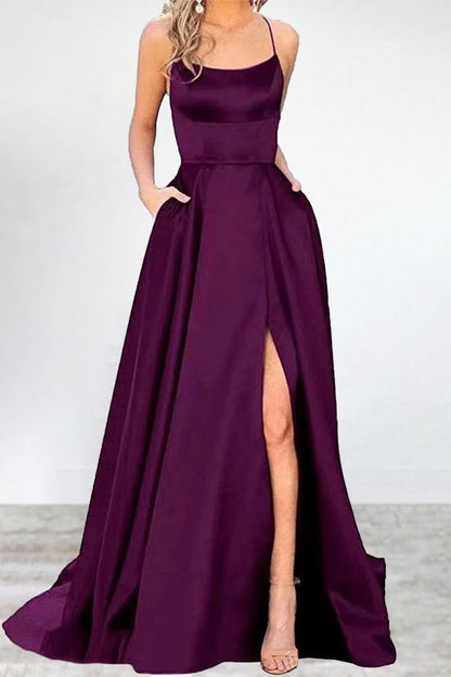 Vestido de noche sexy, formal, liso, con abertura alta y escote en U (16 colores)