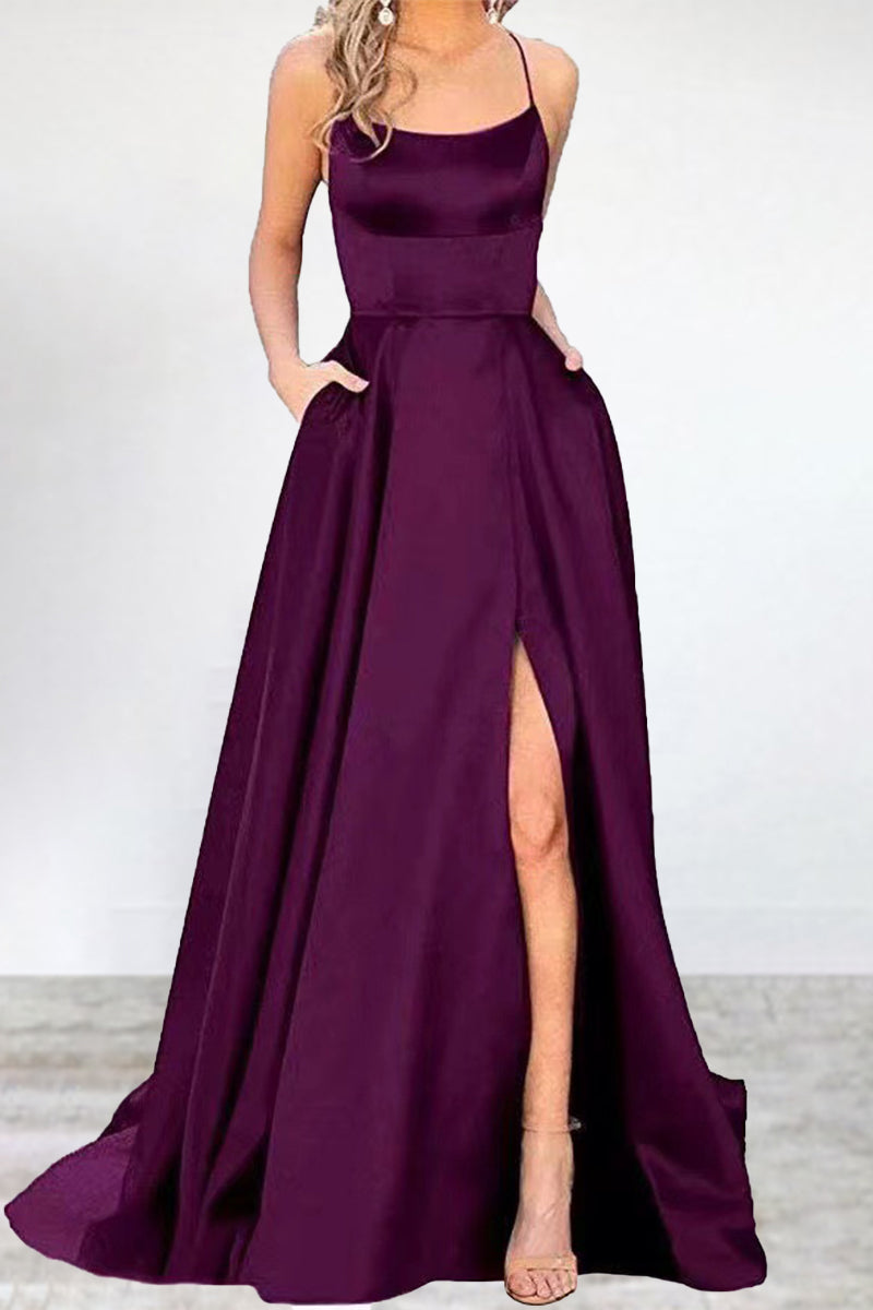 Vestido de noche sexy, formal, liso, con abertura alta y escote en U (16 colores)