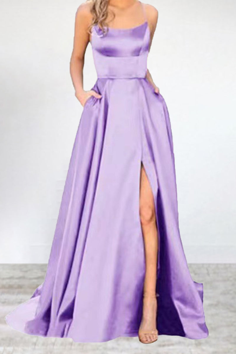 Vestido de noche sexy, formal, liso, con abertura alta y escote en U (16 colores)