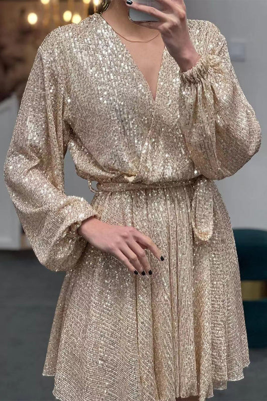 Vestidos elegantes de celebridades con lentejuelas sólidas y escote en V en forma de A