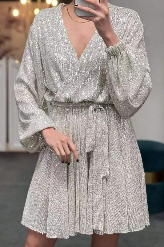 Vestidos elegantes de celebridades con lentejuelas sólidas y escote en V en forma de A