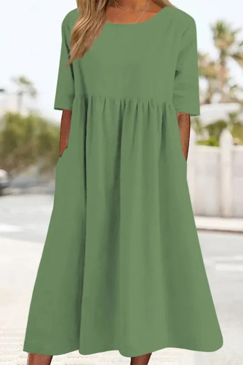 Vestidos casuales sencillos de corte A con cuello redondo y bolsillos lisos