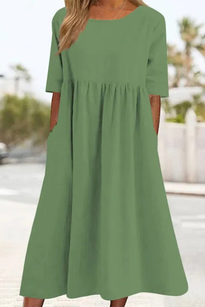 Vestidos casuales sencillos de corte A con cuello redondo y bolsillos lisos