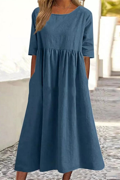 Vestidos casuales sencillos de corte A con cuello redondo y bolsillos lisos